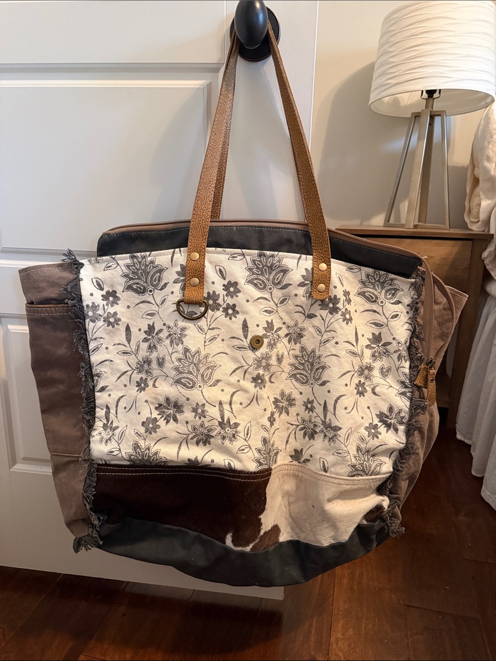 Myra Bag Floral Patchwork Canvas Tote in Cream, Brown & Tan